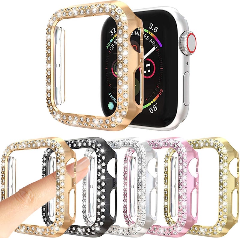 RICHONE 5Pack Protector Case Compatible with Apple Watch SE Series 6 5 4 44mm Cover, Double Row Bling Crystal Diamonds Protective Cover PC Plated Bumper Frame Accessories (5 Colors, 44mm) - Image 1